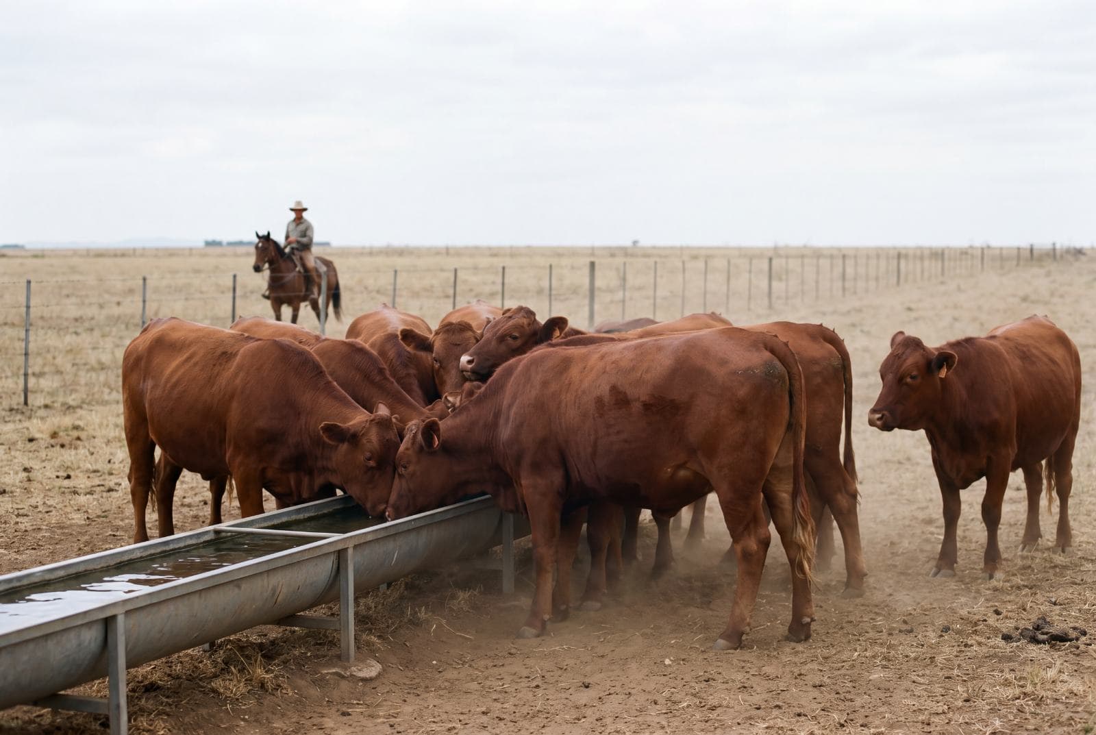 Commercial cattle at a water trough in a camp on South African veld