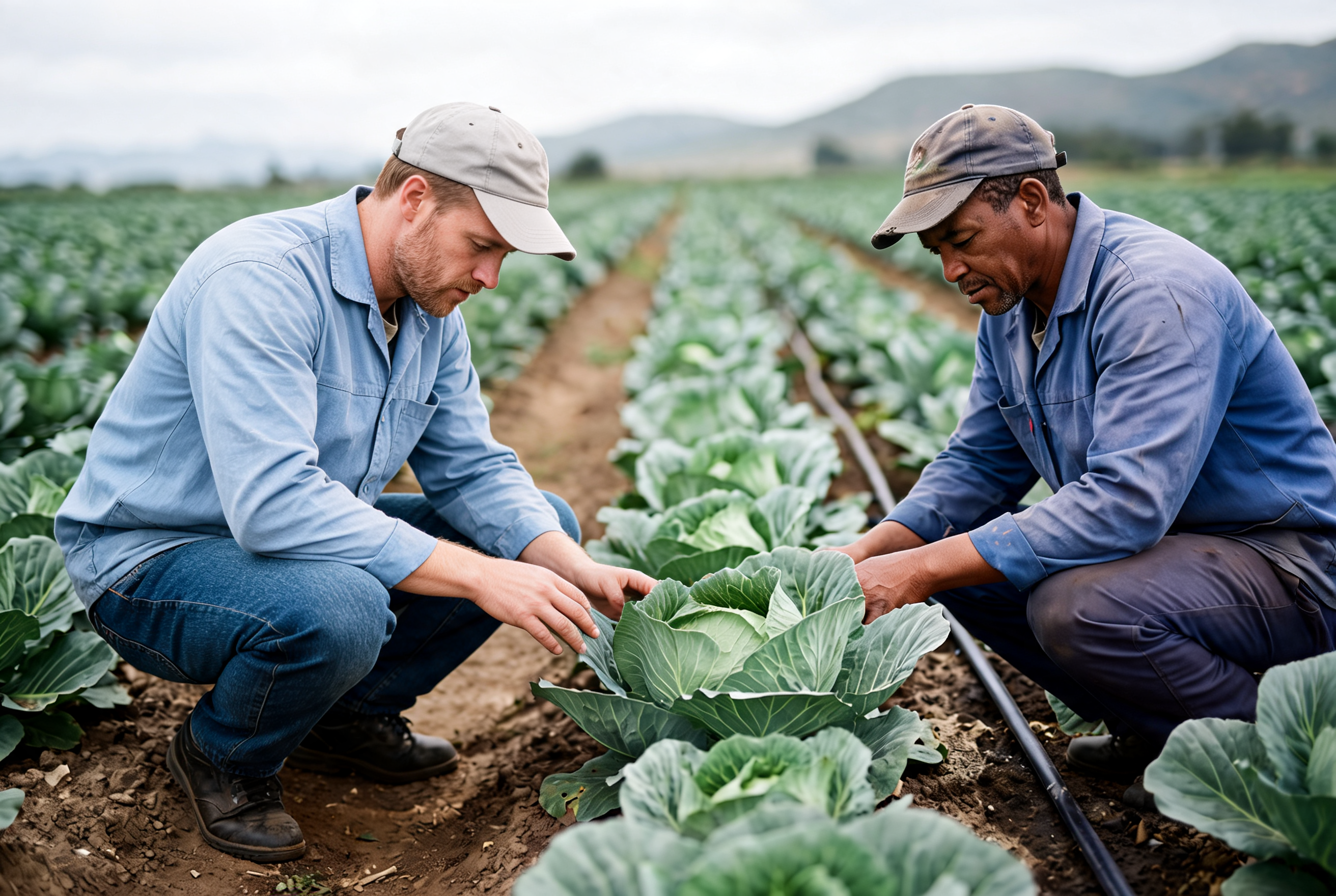 A farm worker inspecting cabbage plants between rows in the early morning