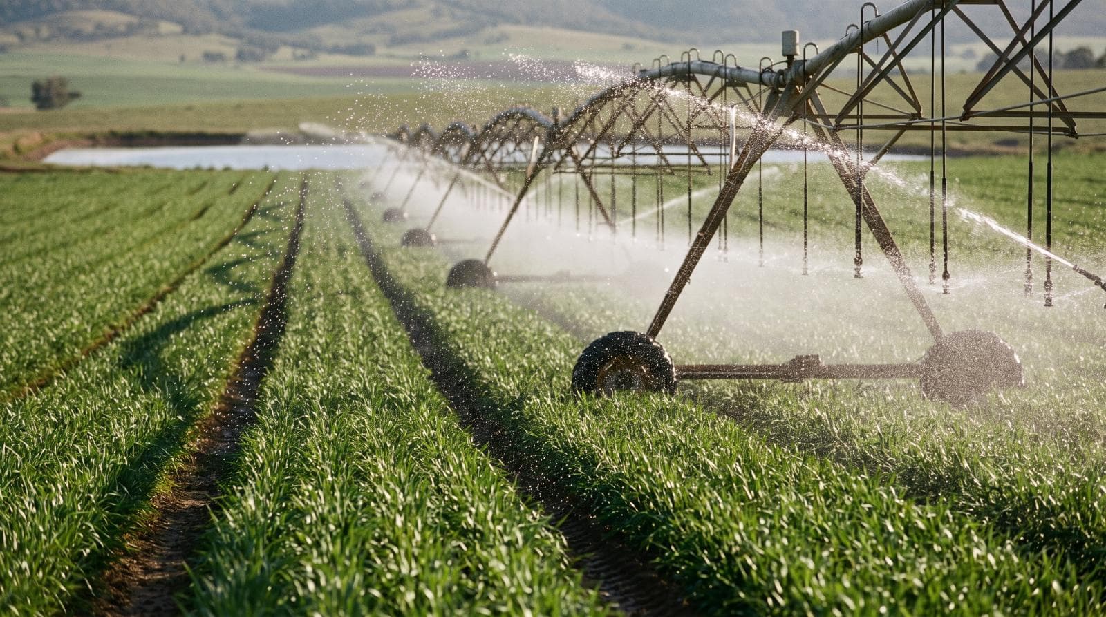 Centre-pivot irrigation over a crop field at golden hour